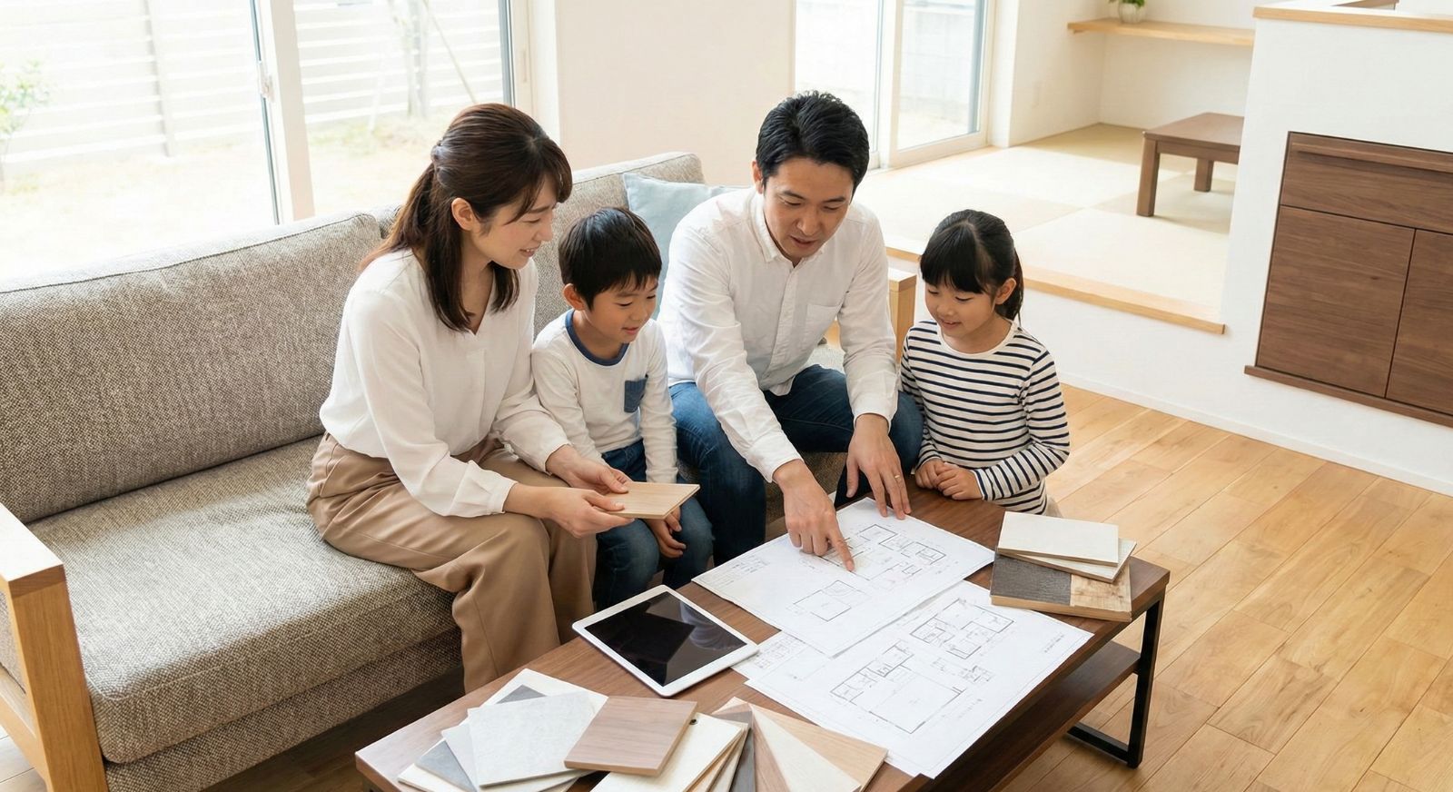 家族で家のリフォームについて話し合うイメージ