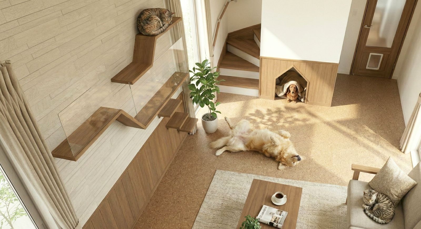 リビングでくつろぐ犬と猫のイメージ